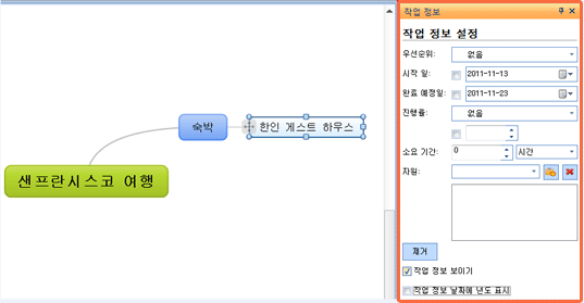 작업 정보 설정창에서 우선순위, 시작일, 완료 예정일, 진행률, 소요기간, 자원 등을 설정